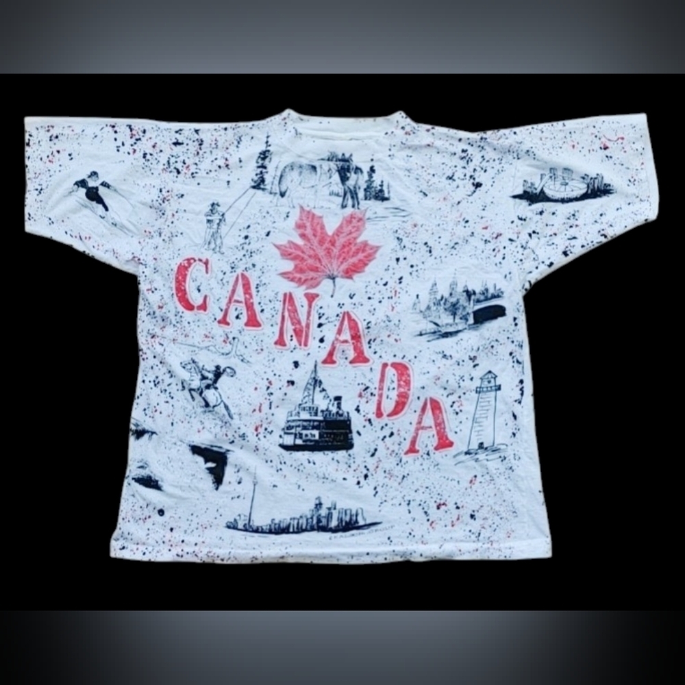 Vintage 90s Canada All Over Print AOP T-Shirt Double Sided Single Stitch XL